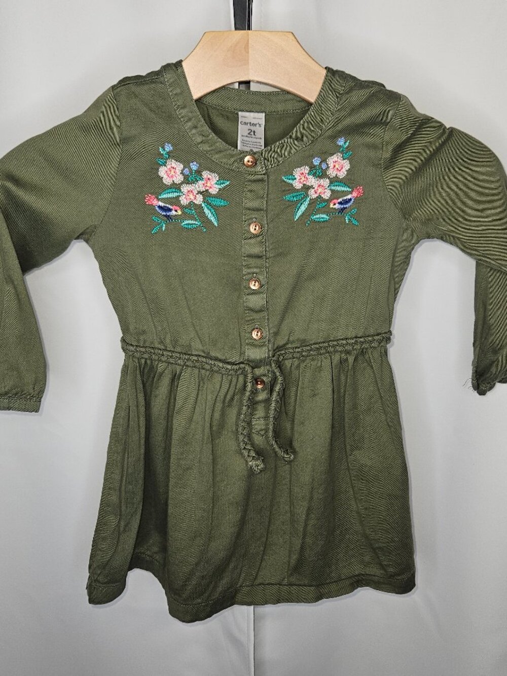 Carter's Olive Green Long Sleeve Embroidered Floral Boho Dress - Size 2T